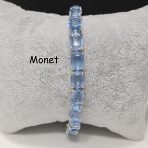 Vintage Monet Light Blue Lucite Rhinestone Bracelet, Rhodium Plated